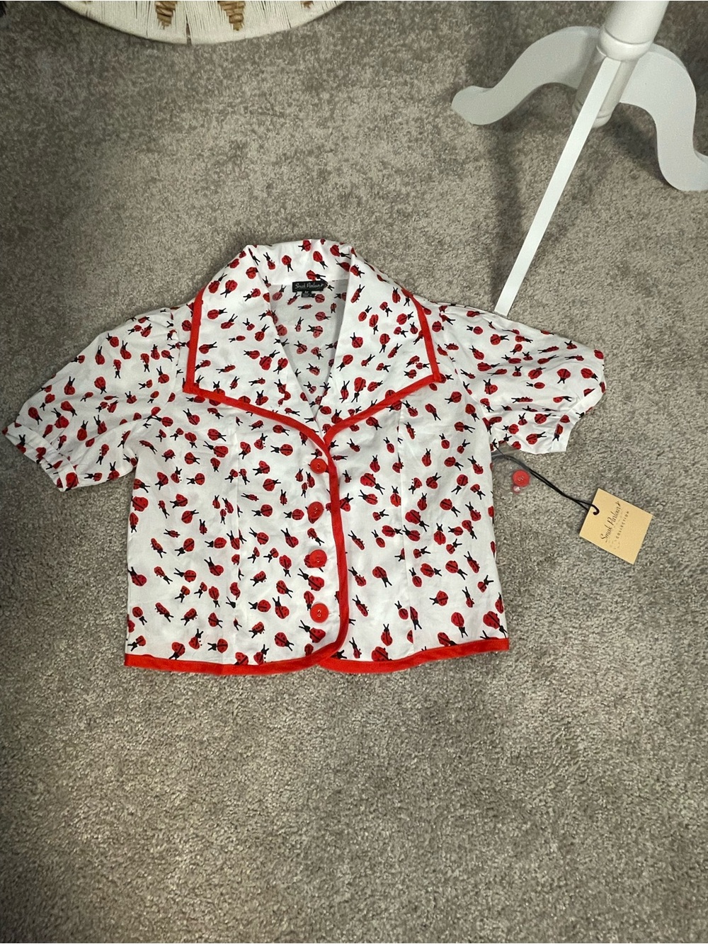 Red Ladybug Print Button-Up Crop Top